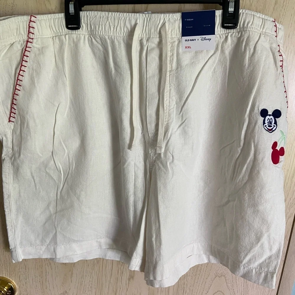 🩷 Old Navy X Disney Linen Blend Cherry Mickey Mouse Embroidered Shorts New XXL